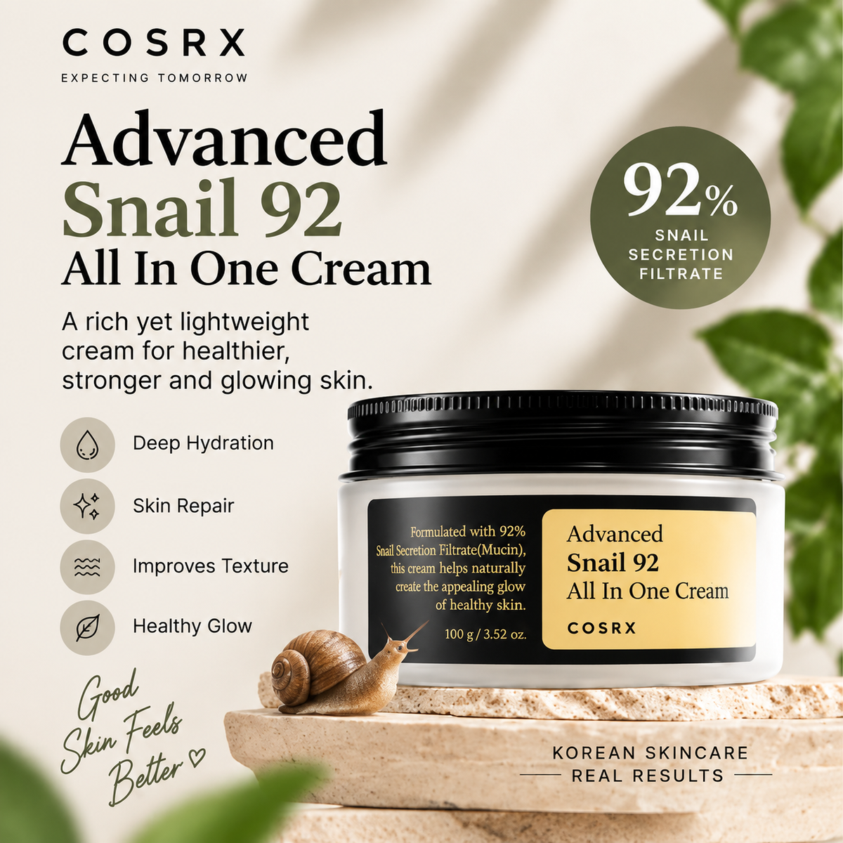 COSRX Advanced Snail 92 All In One Cream 100g | Hydrating & Repairing Snail Mucin Moisturizer