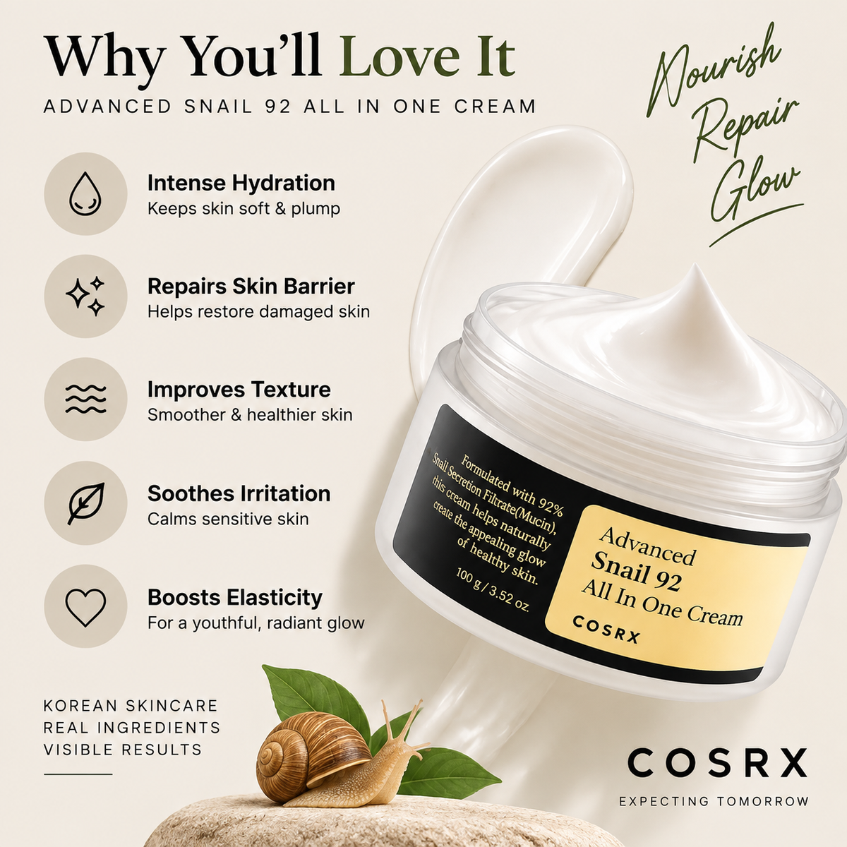 COSRX Advanced Snail 92 All In One Cream 100g | Hydrating & Repairing Snail Mucin Moisturizer