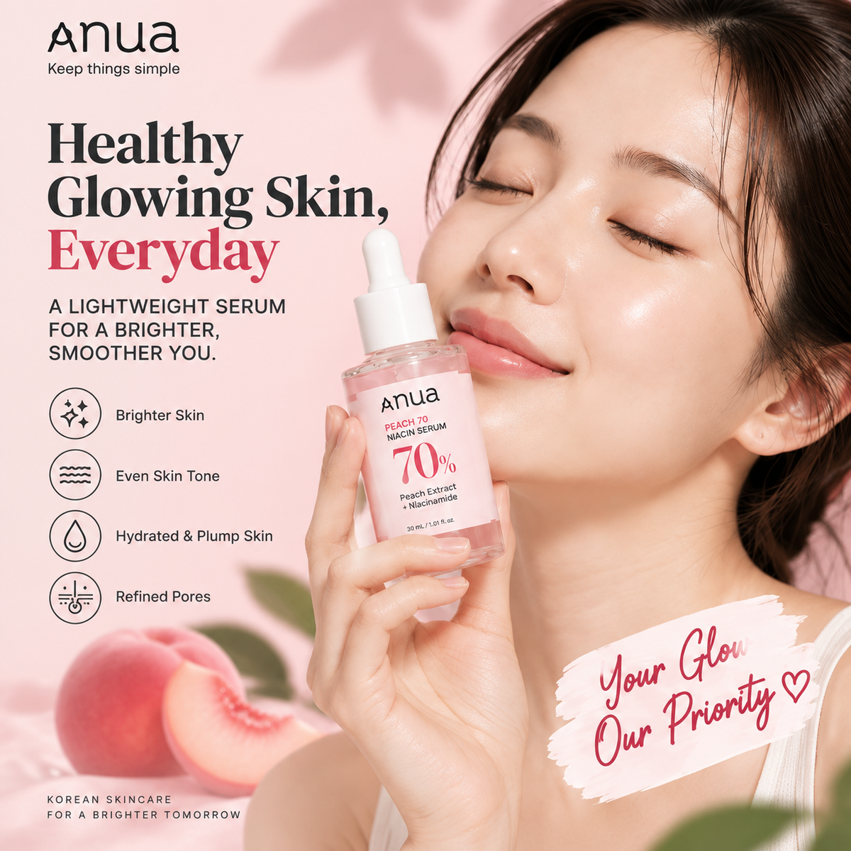 Anua Peach 70 Niacin Serum 30ml | Brightening & Hydrating Korean Face Serum