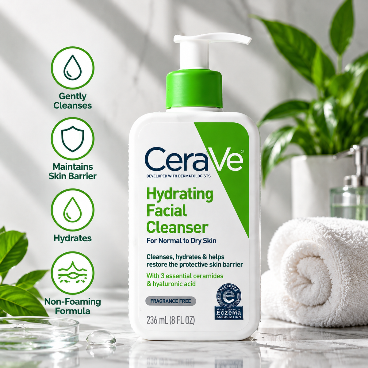CeraVe Hydrating Facial Cleanser 236ml | Gentle Hydrating Face Wash for Normal to Dry Skin
