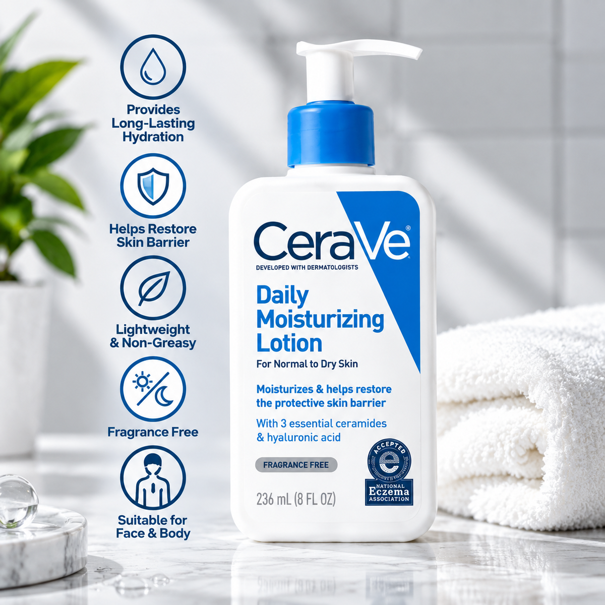 CeraVe Daily Moisturizing Lotion 236ml | Lightweight Hydrating Lotion for Normal to Dry Skin