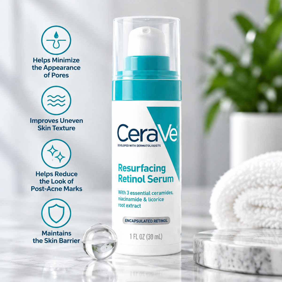 CeraVe Resurfacing Retinol Serum 30ml | Retinol Serum for Pores, Texture & Skin Renewal